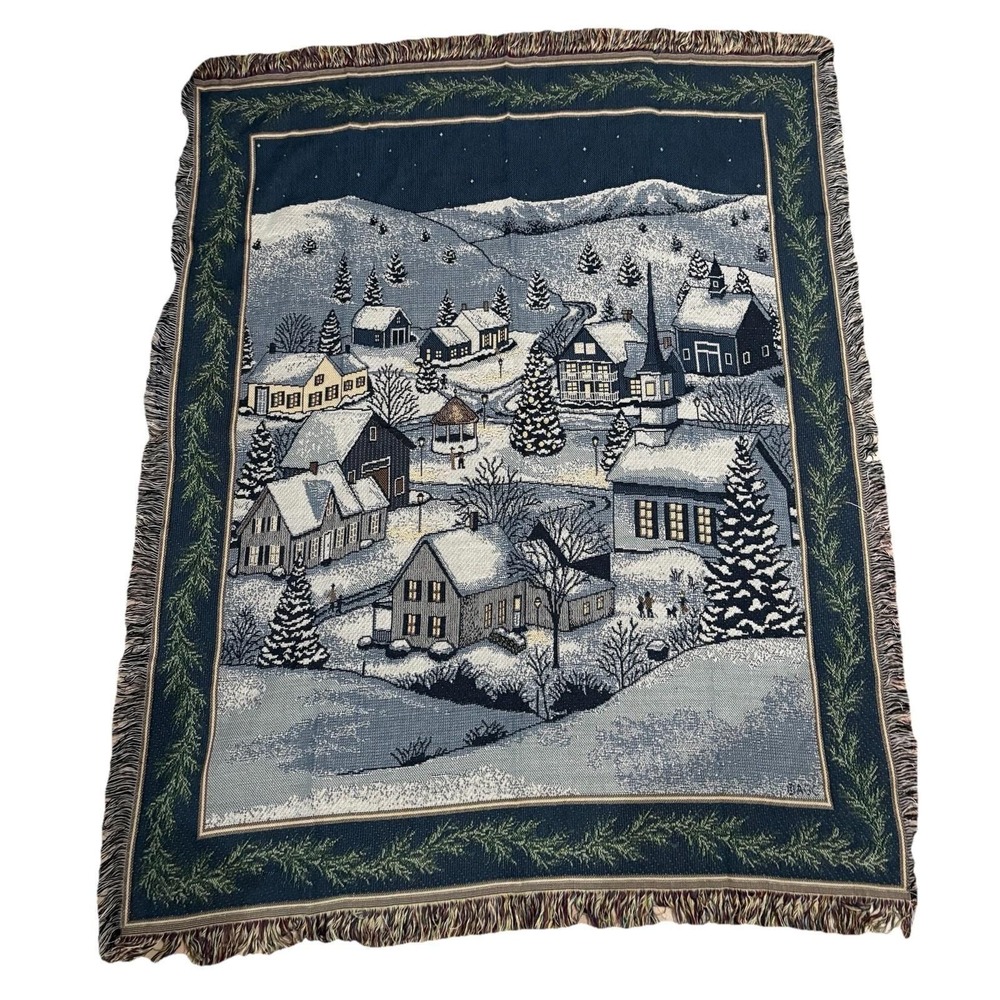 vintage Mohawk Home Winter Village Tapestry Throw Blanket Made In USA
